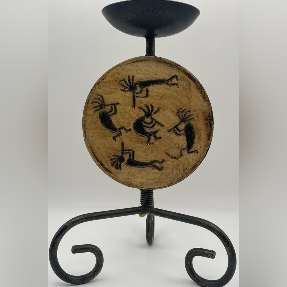 🪶 Vintage Kokopelli Metal & Wood Candle Holder – Southwestern Tribal Decor